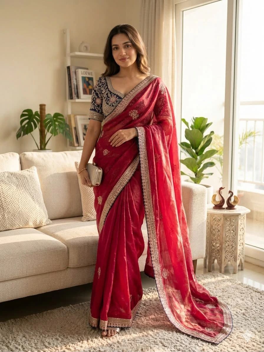 Satin Embroidered Saree with Blouse 2
