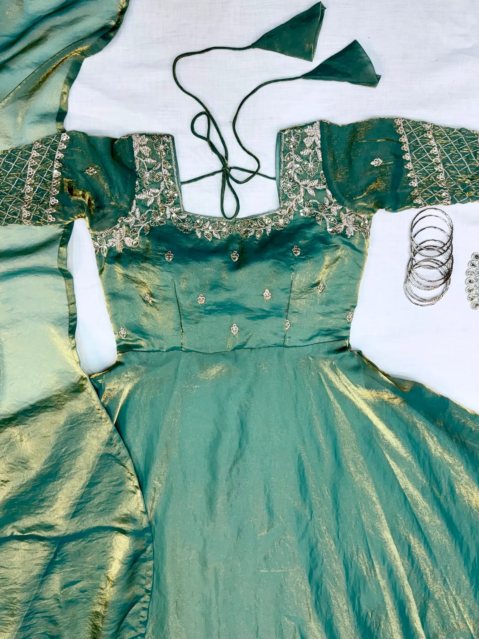 👑💗Luxurious Premium Fendy Satin Embroidery Work Gown With Dupatta👑💗 4