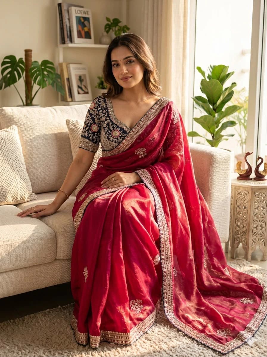 Satin Embroidered Saree with Blouse