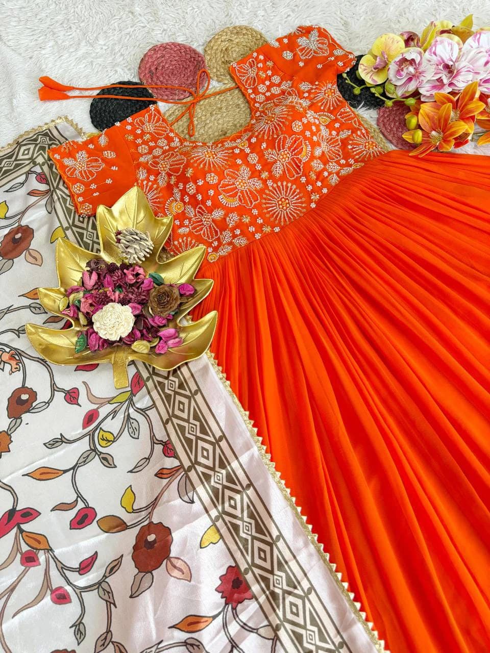 Top Trending Festival Collection. Beautiful Maggam Work Gown With Kalamkari Dupatta. A touch of glam 7