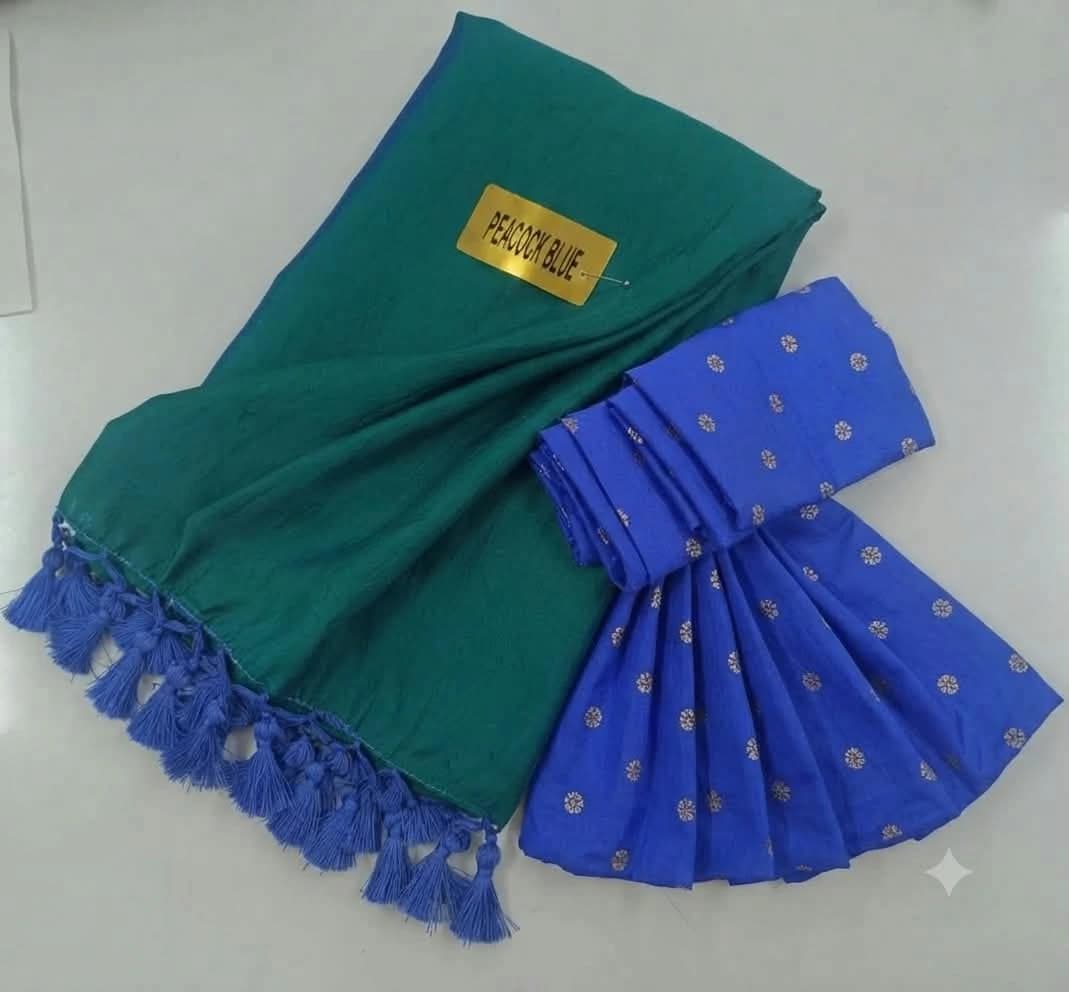 Elegant Peacock Blue Malai Silk Saree with Tassels 3