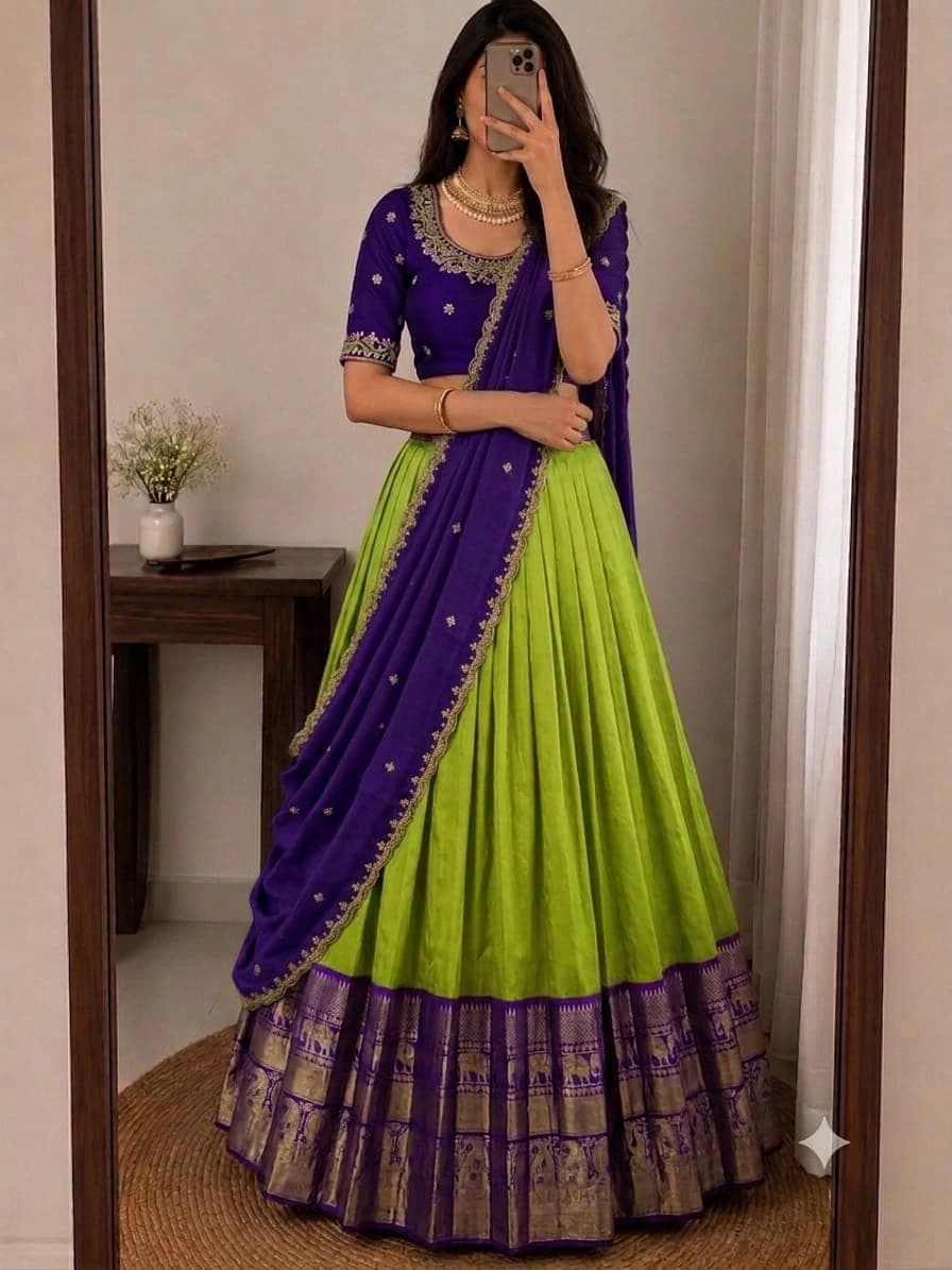 Designer Kanjiveram Silk Lehenga with Maggam Work Blouse 2