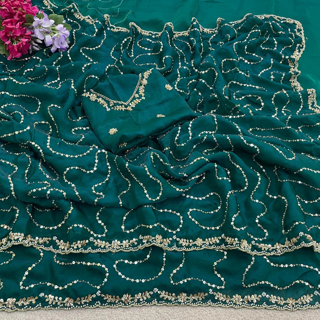 Satin Embellished Saree with Blouse