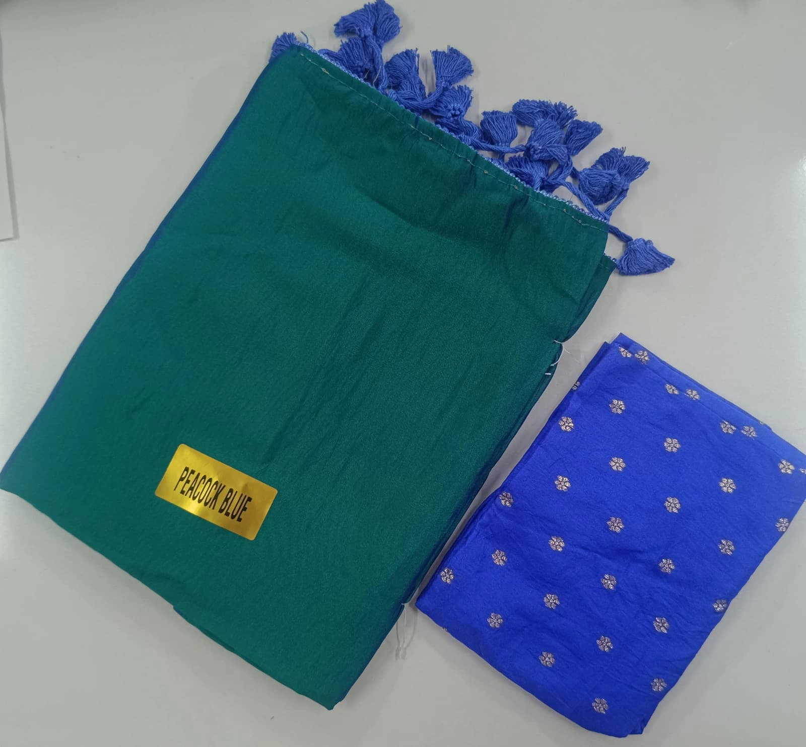 Elegant Peacock Blue Malai Silk Saree with Tassels 2