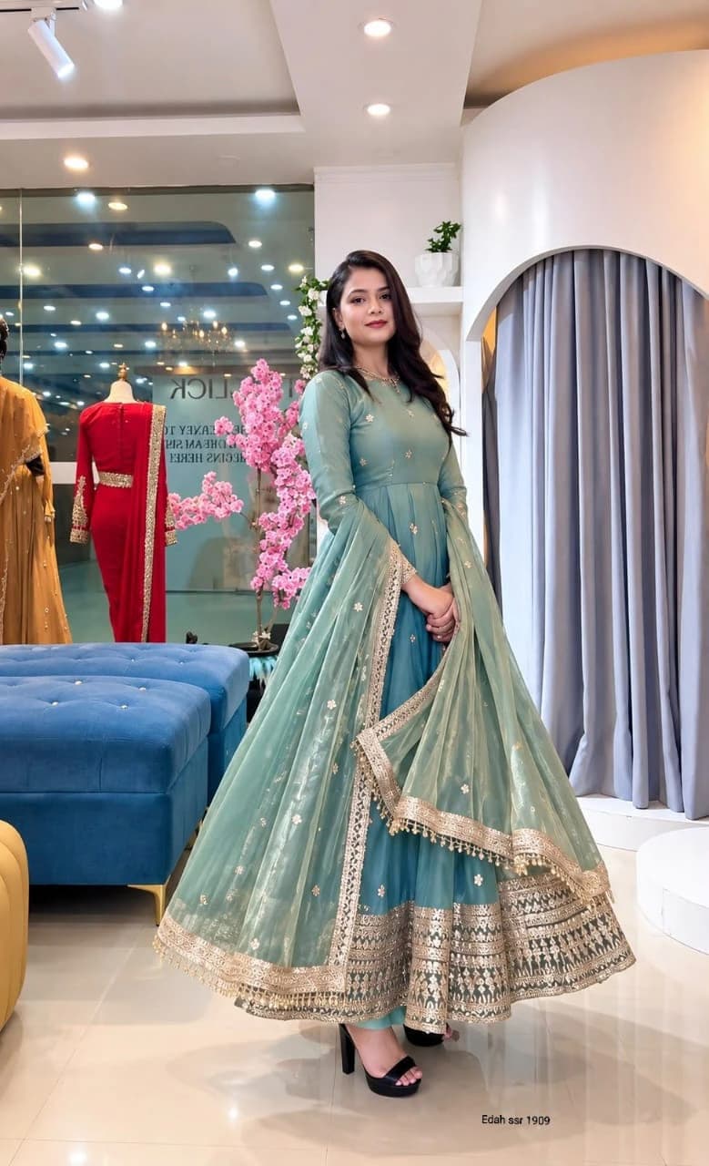 Fendy Silk Embroidered Gown Set