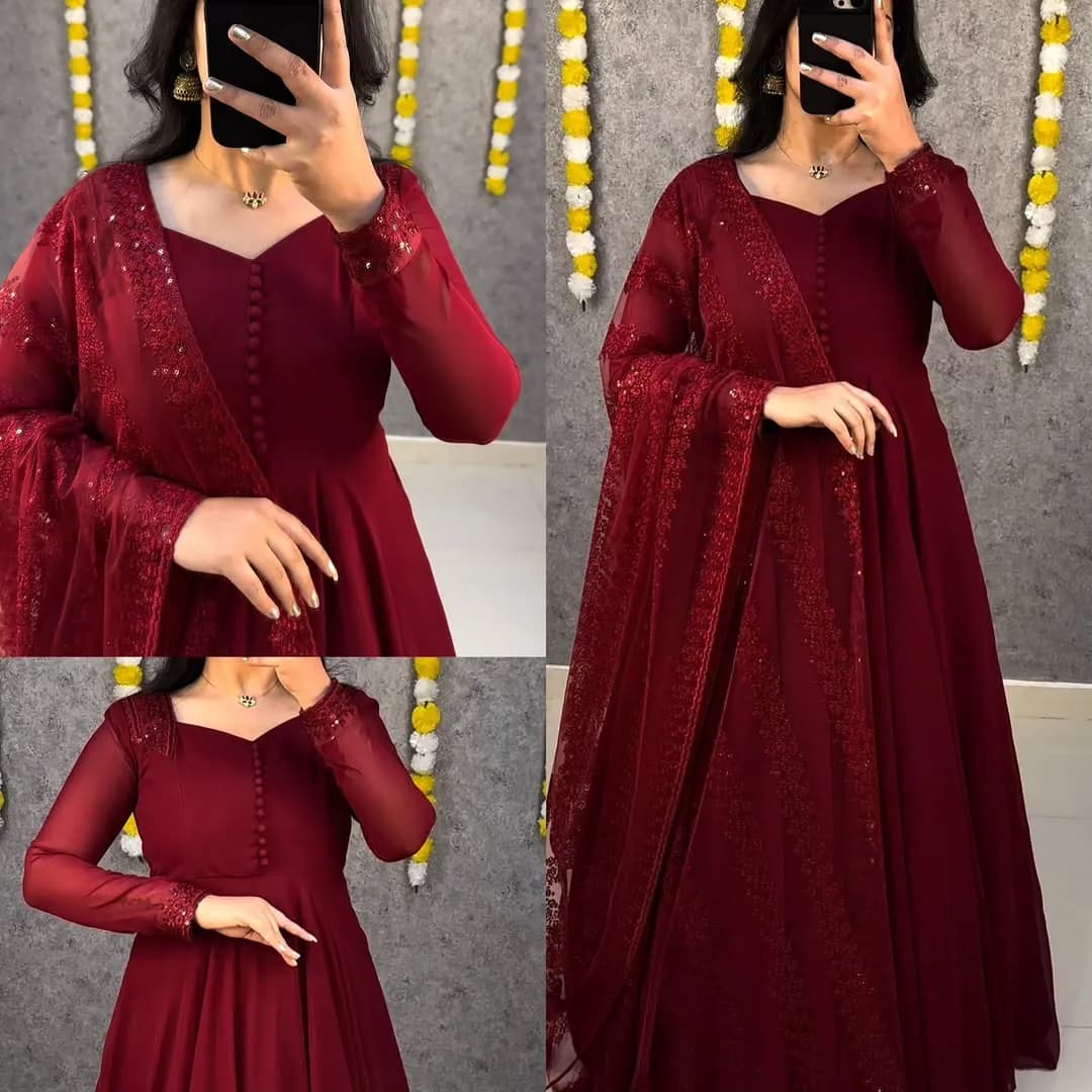 💜💜Premium Faux Georgette Gown With Embroidery Dupatta😍😍