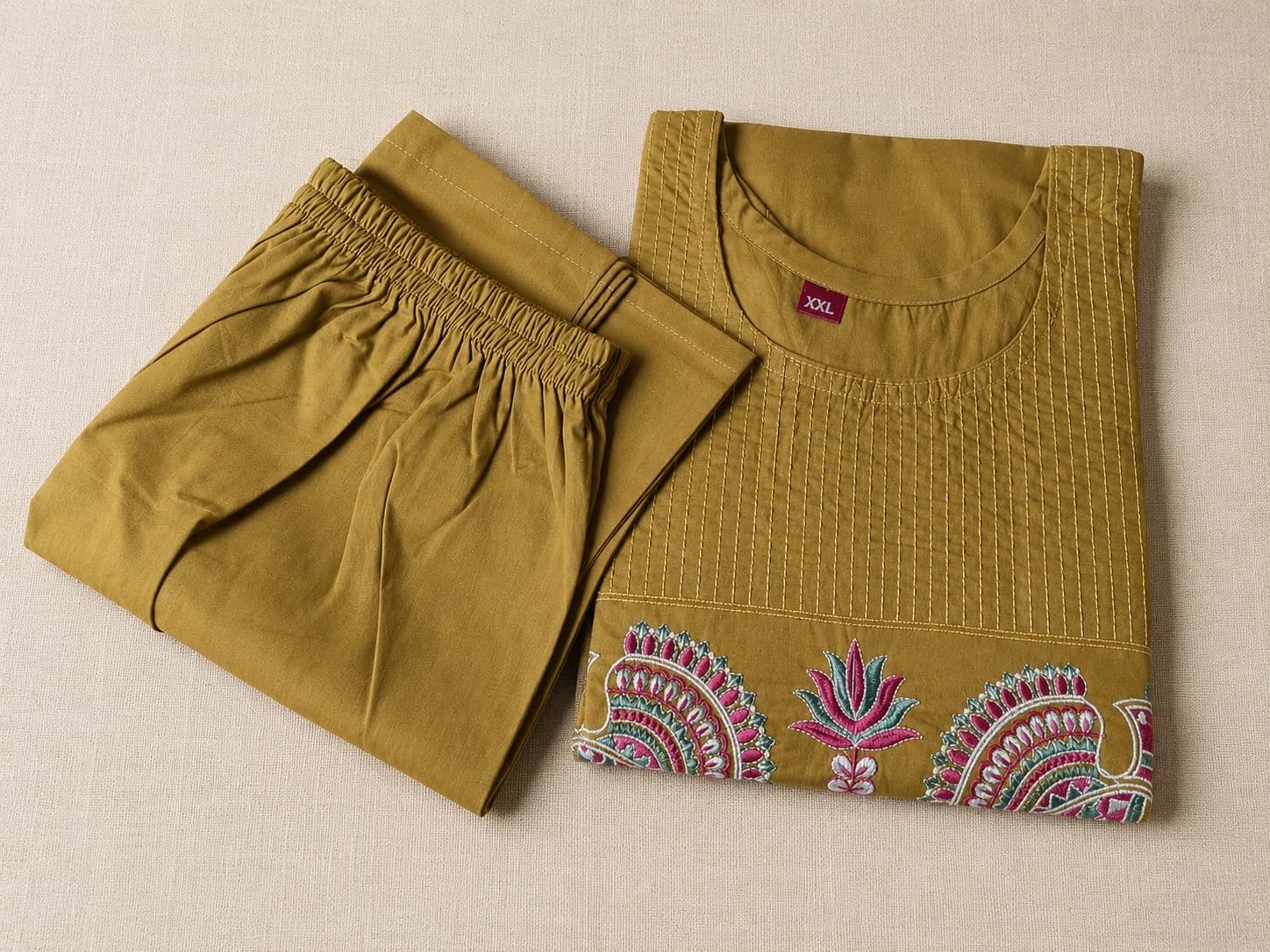 Olive Green Cotton Kurti Set - Elegant