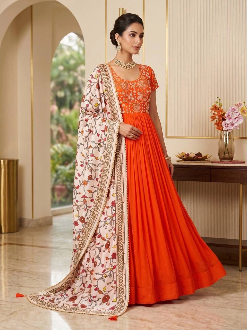 Top Trending Festival Collection. Beautiful Maggam Work Gown With Kalamkari Dupatta. A touch of glam