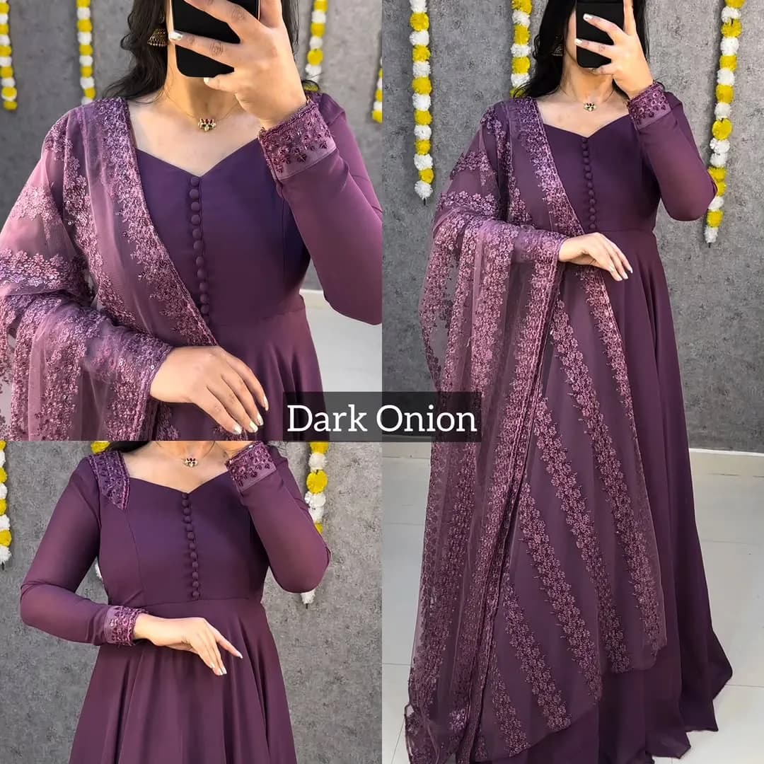 💜💜Premium Faux Georgette Gown With Embroidery Dupatta😍😍