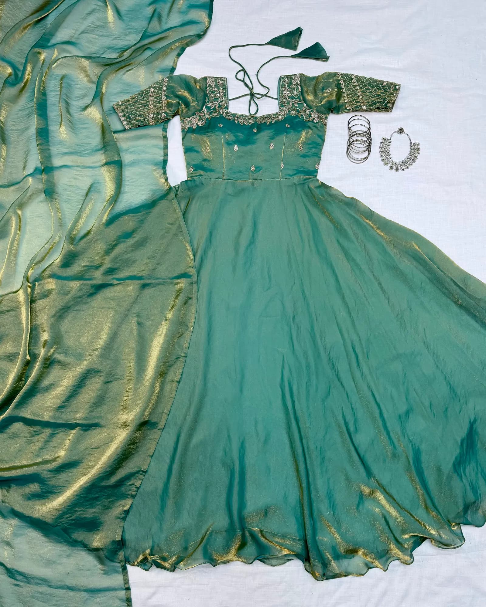 👑💗Luxurious Premium Fendy Satin Embroidery Work Gown With Dupatta👑💗 3