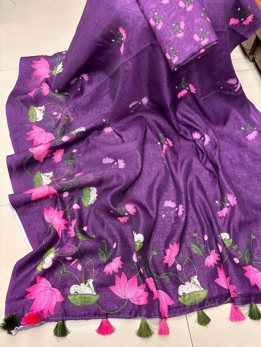 Linen Printed Saree with Blouse