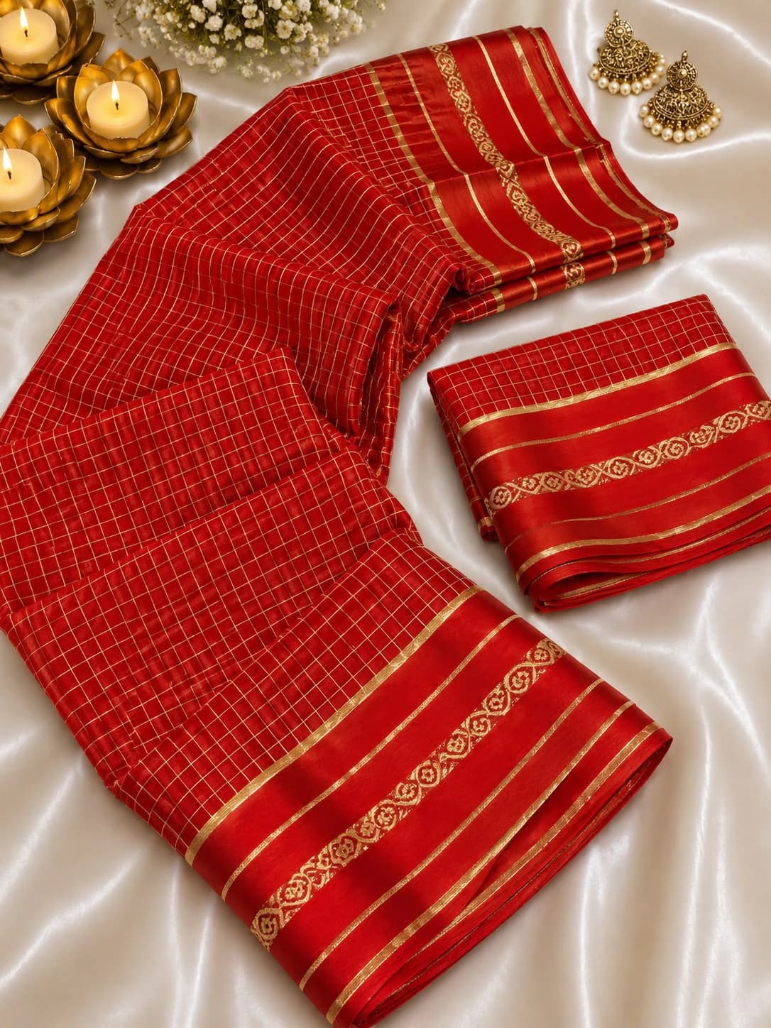 Viscose Georgette Chex Satin Border Saree with Running Blouse