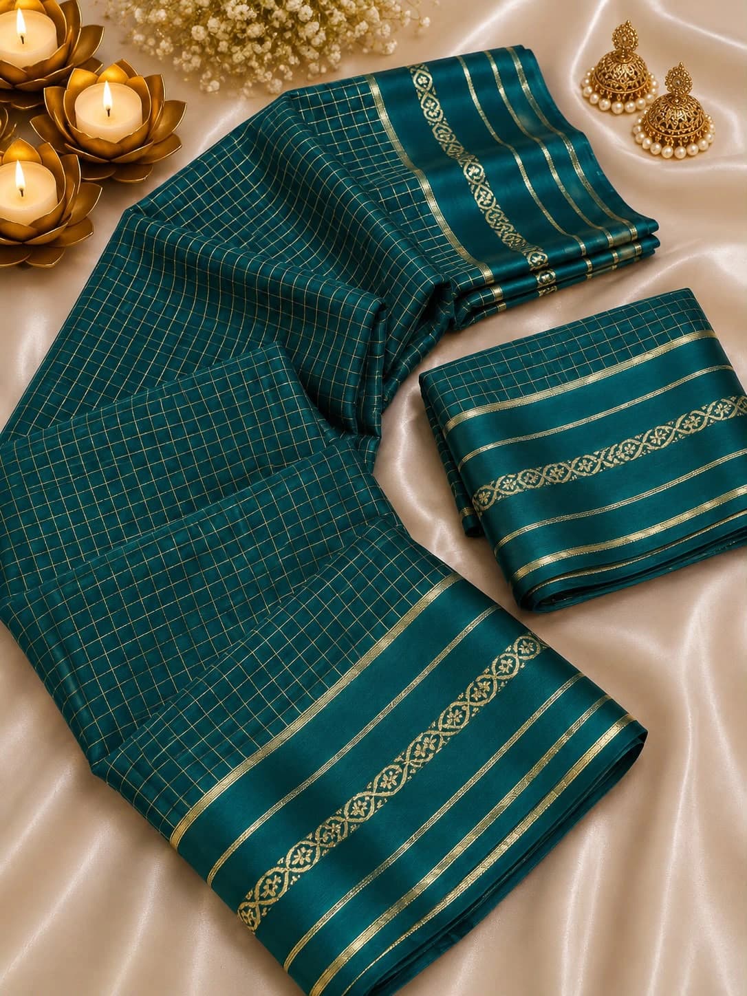 Viscose Georgette Chex Satin Border Saree with Running Blouse