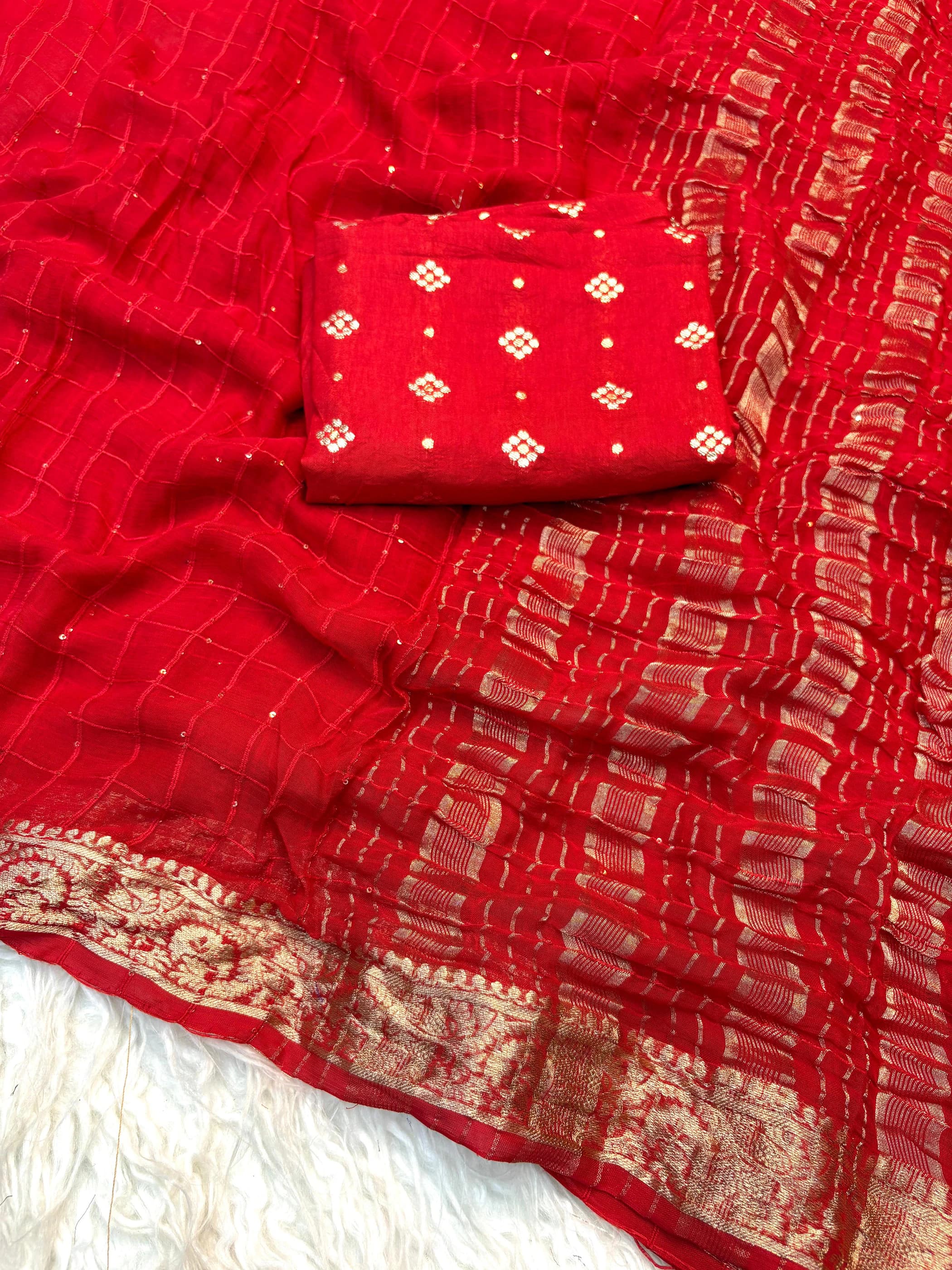 Pure viscose georgette with jacquard border with weaving chex with sequence with pure viscose blouse