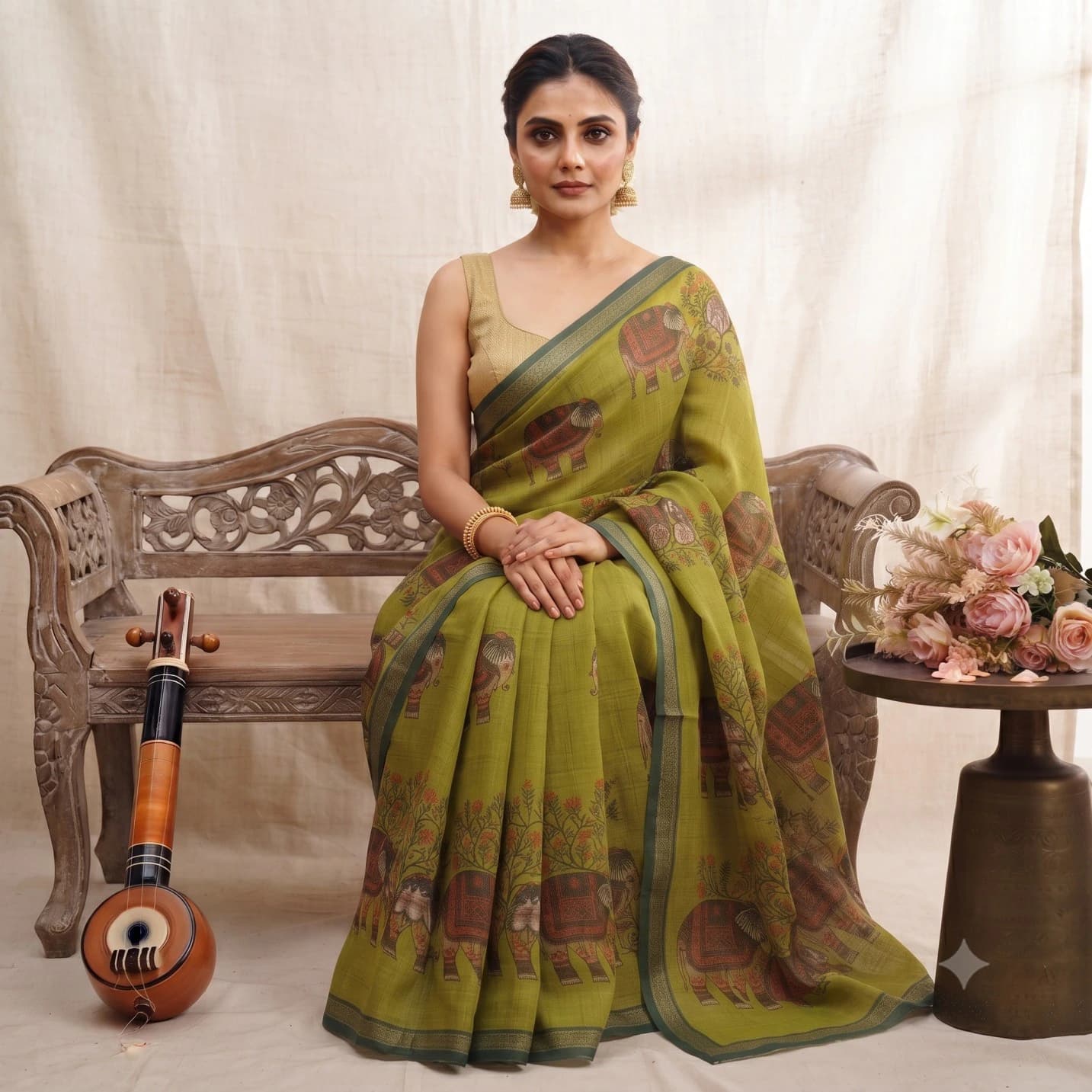 Soft Cotton Linen Saree with Elephant Print 3