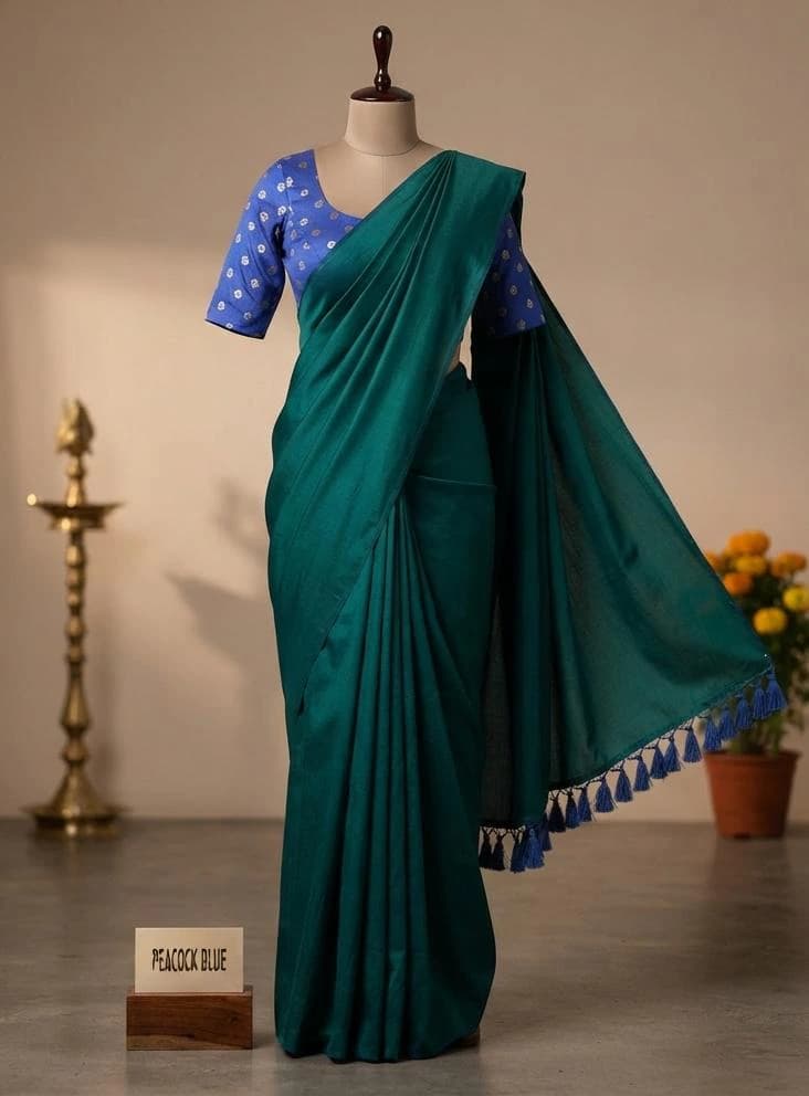 Elegant Peacock Blue Malai Silk Saree with Tassels 4