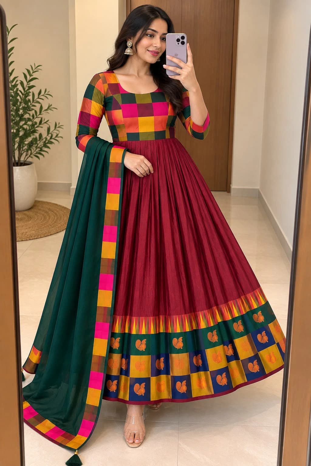 Cotton Spun Silk Anarkali Set