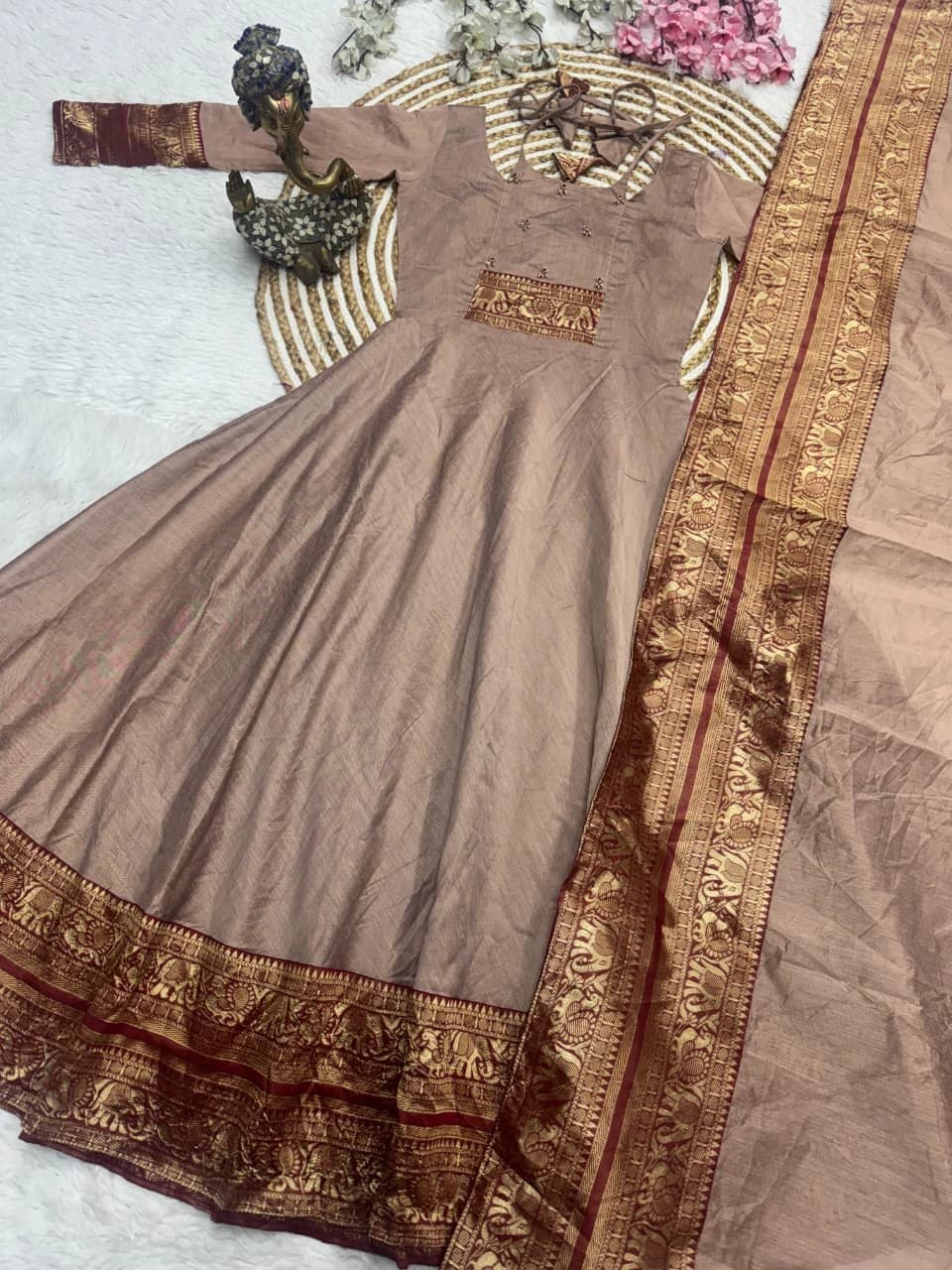 Traditional Silk Cotton Anarkali with Dupatta