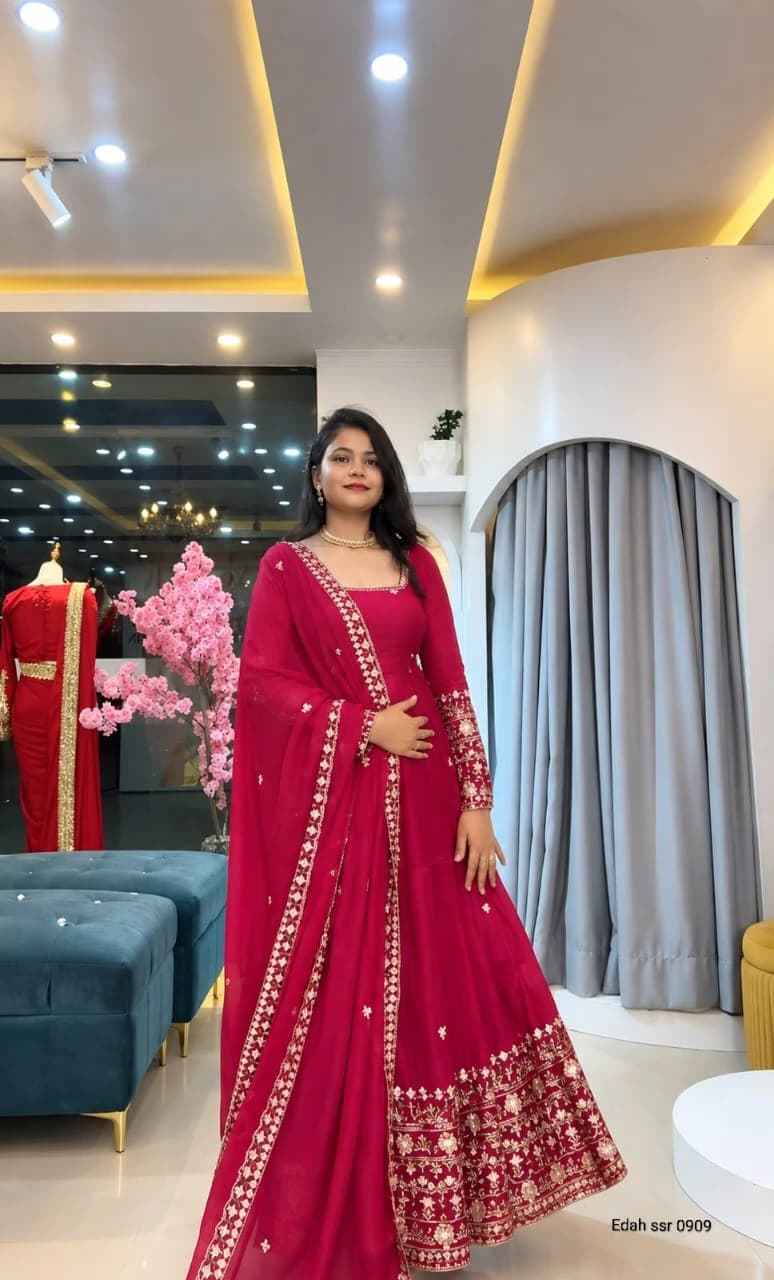 Crunchy Silk Embroidered Gown Set 7