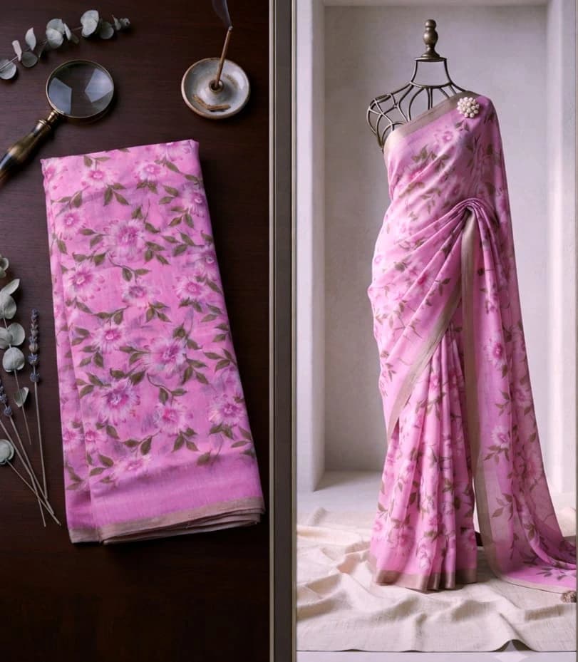 Linen Floral Saree with Blouse