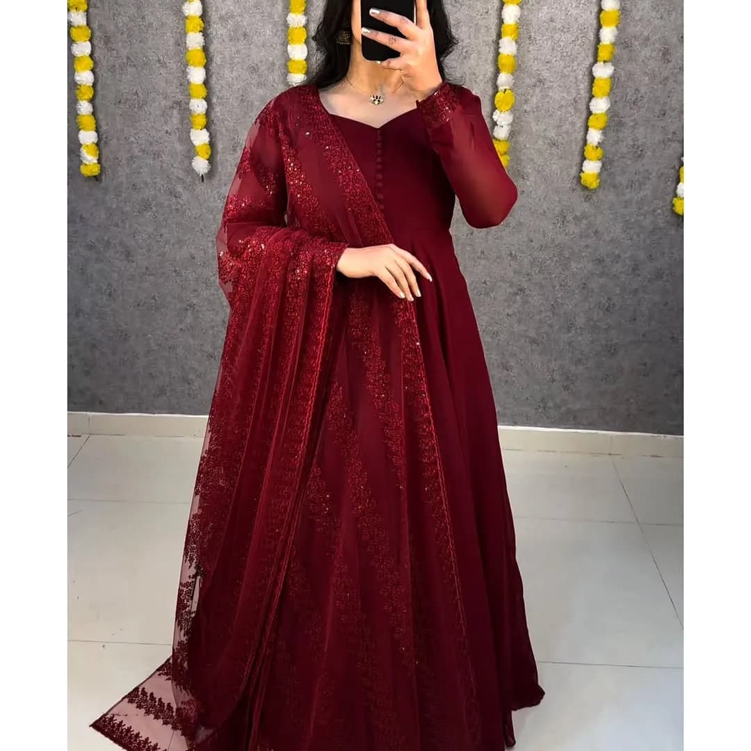💜💜Premium Faux Georgette Gown With Embroidery Dupatta😍😍 2