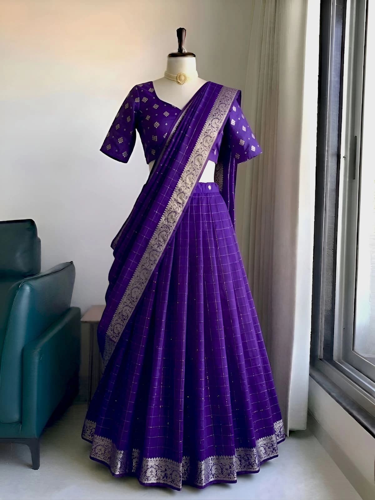Viscose Georgette  with heavy zari border lengha ,