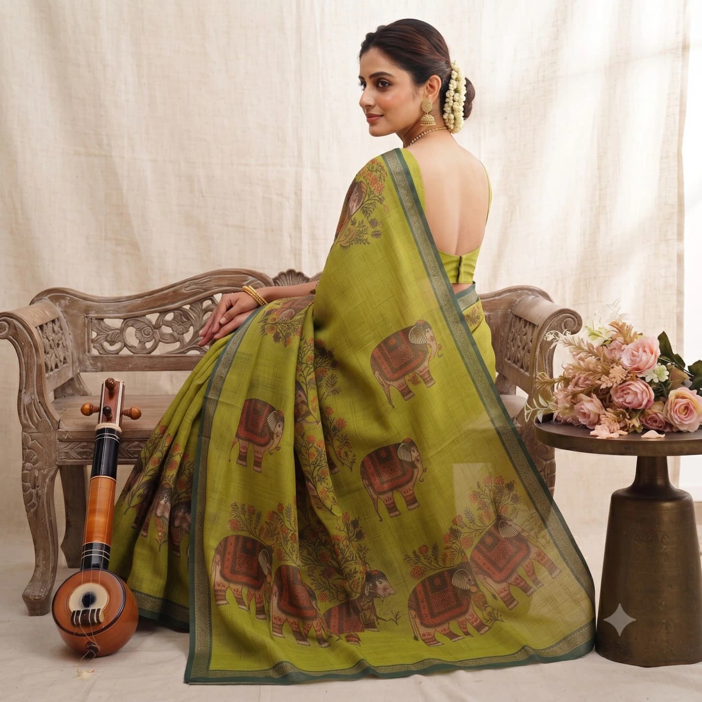 Soft Cotton Linen Saree with Elephant Print 2