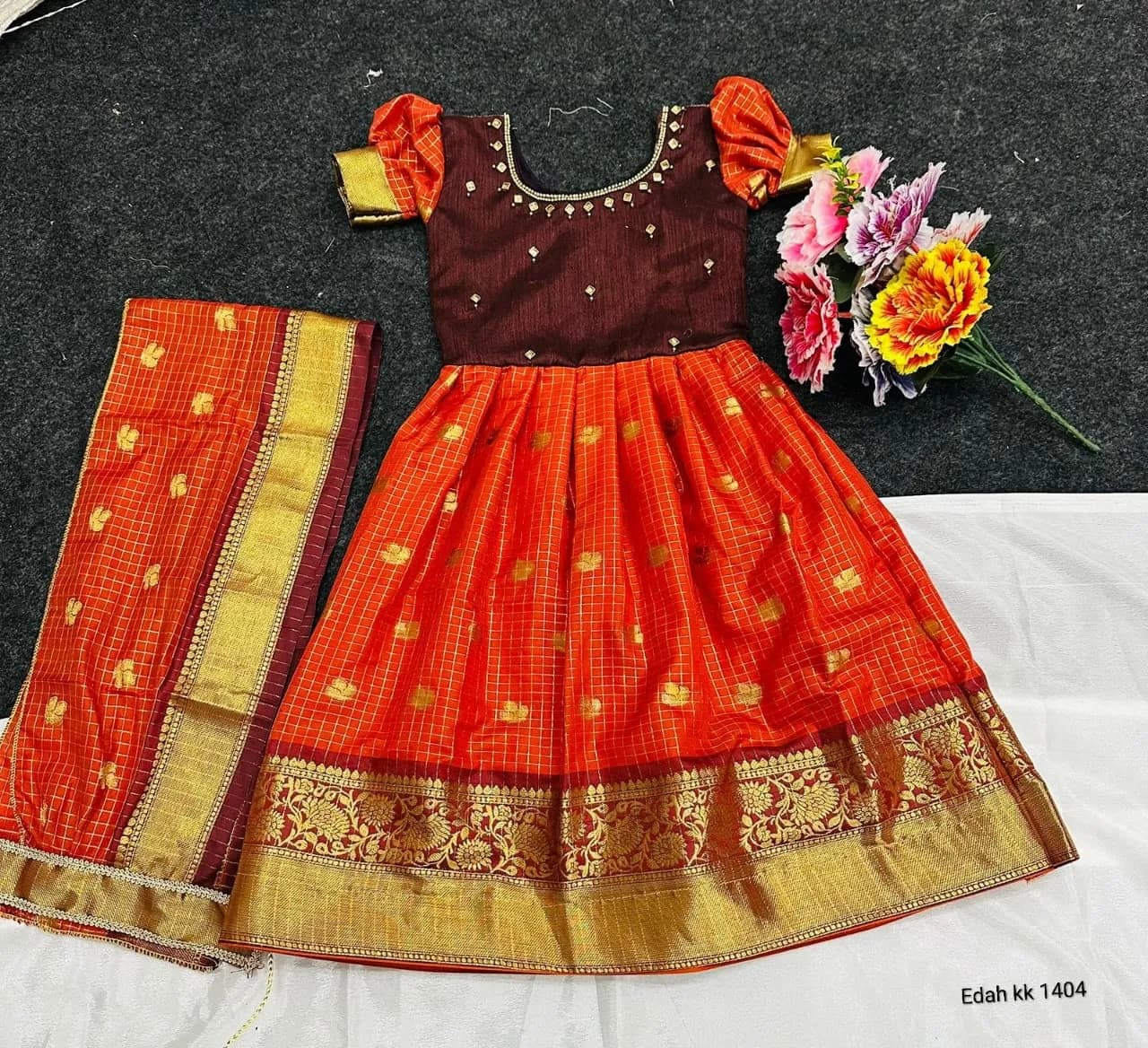🧡🧡Premium Rust Orange Half Pattu Crepe Silk Gown For Little Princess🧡🧡 2