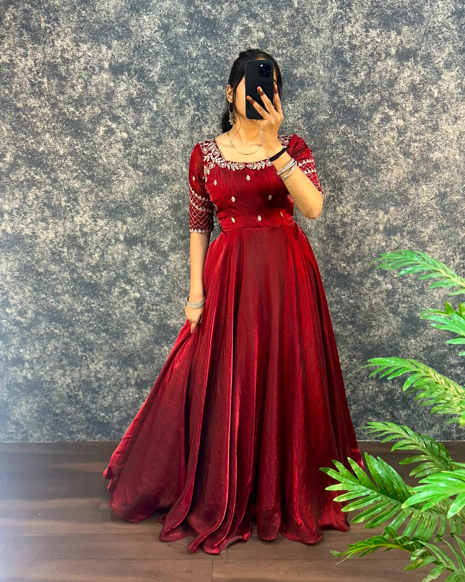 👑💗Luxurious Premium Fendy Satin Embroidery Work Gown With Dupatta👑💗