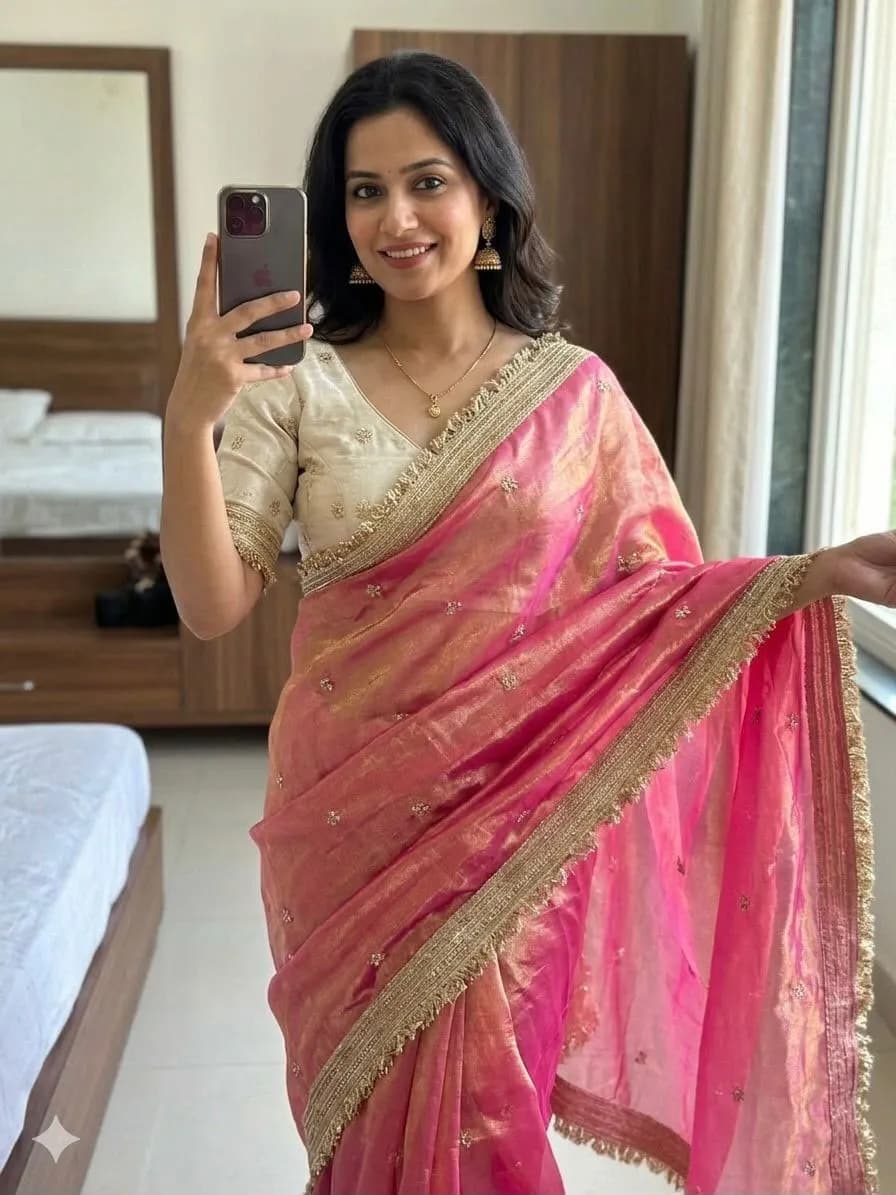 🤩💗Insta Viral Space Silk Saree Multi Sequence Full Worked With Contrast Blouse💗🤩